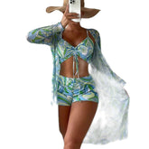 Tropical Print Ruched Drawstring Long Sleeve Bikini Set